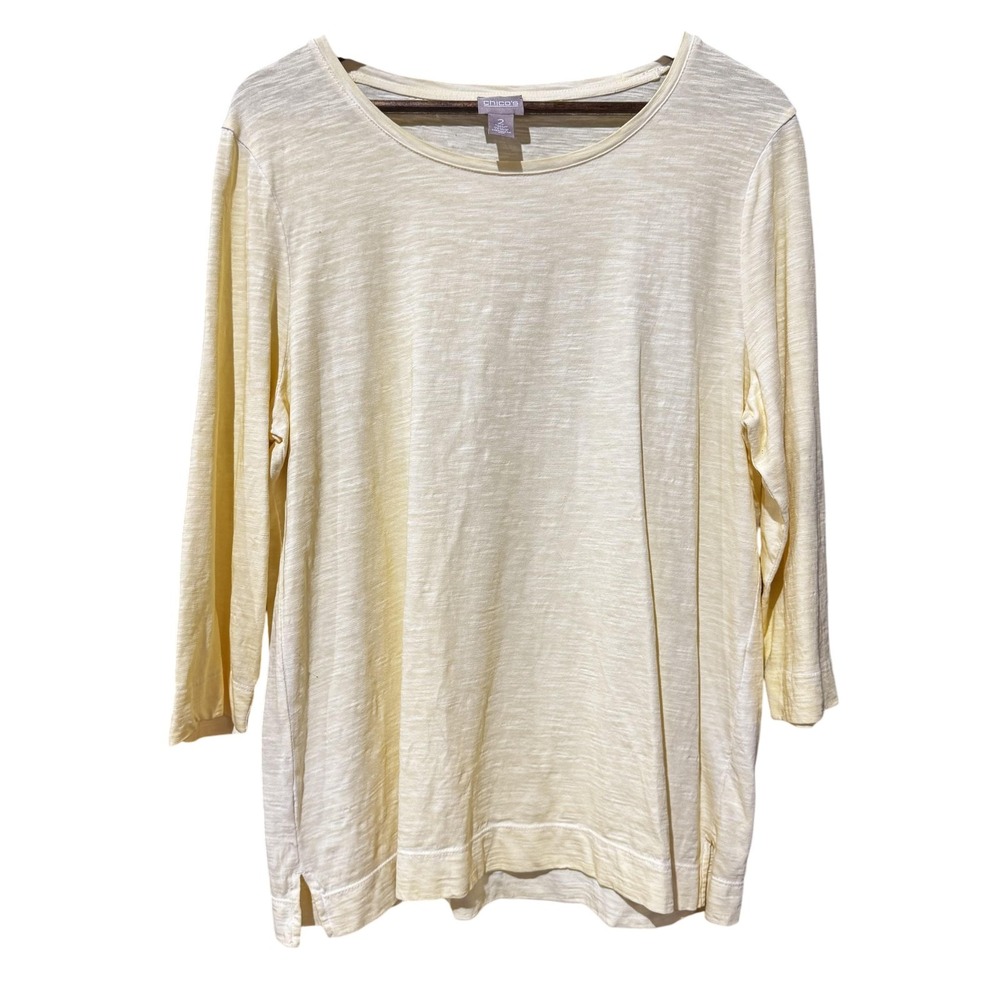 Chicos Shirt Womens 2 Yellow Long Sleeve Crewneck Lightweight Top 100% Cotton